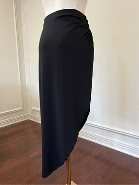 Black Ruched Front Wrap Skirt High-Low Slit Maxi Draped, M for Mendoncino Size S